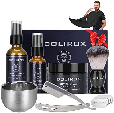 Shaving Kit for Men, Includes Straight Razor for Men, Shaving Cream, Pre Shave Oil, After Shave Balm for Men,Shaving Brush and Bowl, Beard Apron Bib, Gifts Set for Men Him Boyfriend Stocking Stuffers