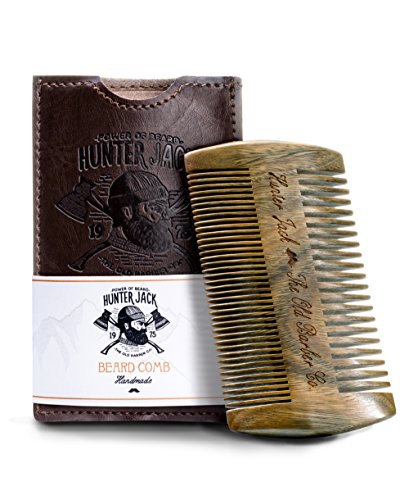 Sandalwood Beard Comb for Men - Handmade Beard & Mustache Comb - Premium Wooden Comb - Mens Comb with Fine & Wide Tooth - Pocket Combs for Men - Wood Comb in PU Leather Case by Hunter Jack