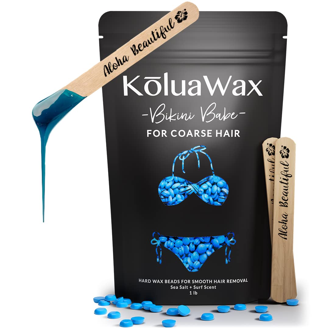 KoluaWax Hard Wax Beads for Hair Removal – Coarse Body Hair Formula – Brazilian, Underarms, Back Chest, Bikini Waxing – Large 1lb Refill Pearl Beans for Wax Warmers & 10 Large Applicator Sticks