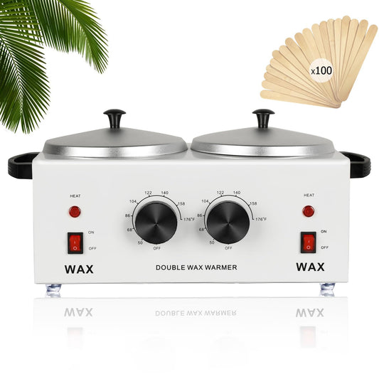 Professional Dual Wax Warmer for Hair Removal, Double Electric Wax Heater Machine with 100pcs Wax Sticks-Wax Pots with Adjustable Fahrenheit Dial for Facial Skin Body SPA Salon Equipment