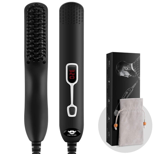 Cayzor Beard Straightener Comb for Men - Upgraded Professional Electric Mens Beard Straightening Heated Brush Portable Anti-Scald 5 Adjustable Temperatures & LCD Display with Carrying Bag