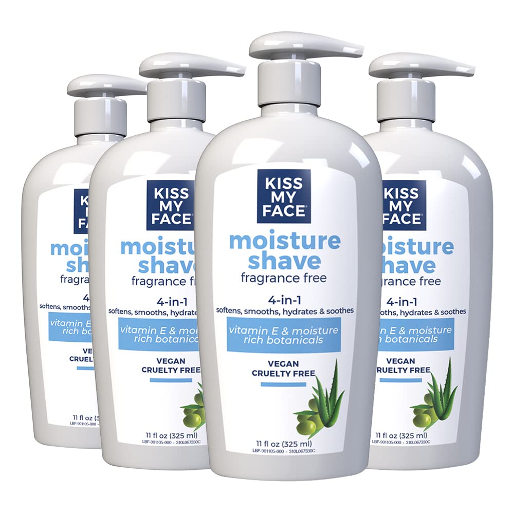 Kiss My Face Moisture Shave Cream, Fragrance Free Shaving Cream for Men and Women, 11 oz Pump Bottle, 4 Pack (Packaging May Vary)