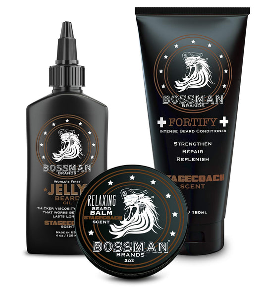 Bossman Essentials Beard Kit for Men - Beard Oil Jelly, Fortifying Conditioner Cream, Beard Balm - Grooming Growth Care Accessories (Stagecoach)…