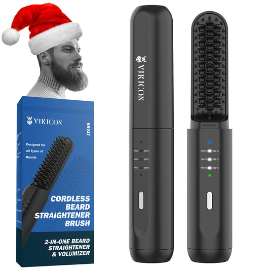 VIKICON Beard Straightening Heat Brush for Men: Cordless Beard and Hair Straightener Hot Comb, Mini & Anti-Scald & Auto Shut Off,Portable for Travel,Unique Gift for Him,Valentine's Day Gift
