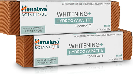 Himalaya Botanique Whitening + Hydroxyapatite Toothpaste for Whiter Teeth & Fresher Breath, Fights Plaque with Hydroxyapatite Support & Mint Flavor, Fluoride Free, SLS Free, & Vegan, 4.0 oz, 2 Pack