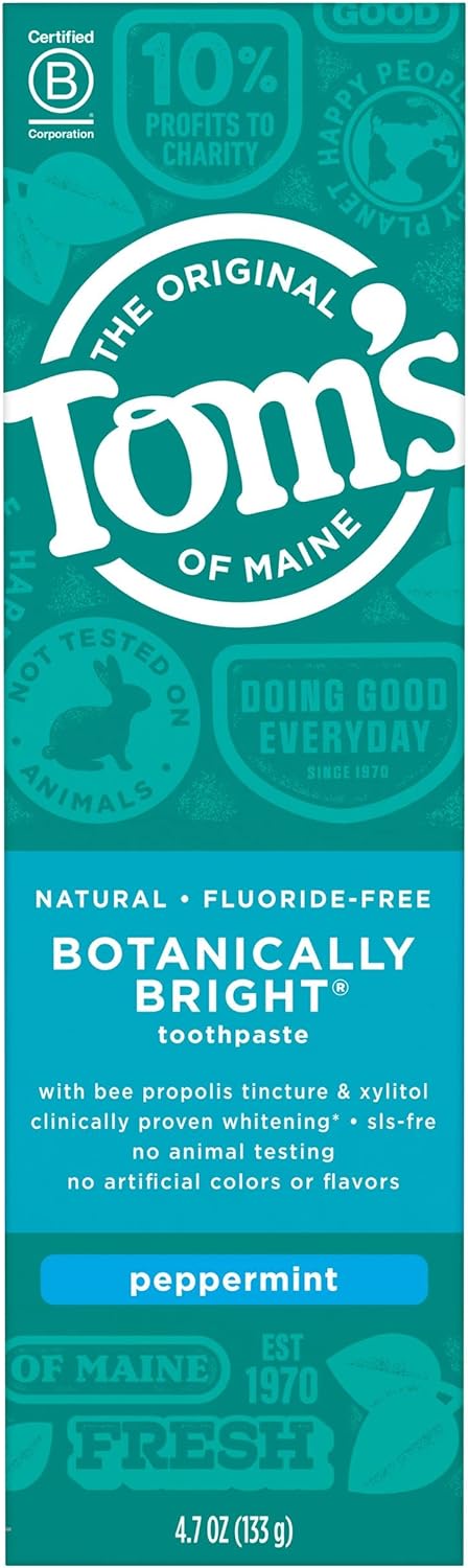 Tom's of Maine Natural Fluoride-Free SLS-Free Botanically Bright Toothpaste, Peppermint, 4.7 oz. (Packaging May Vary)