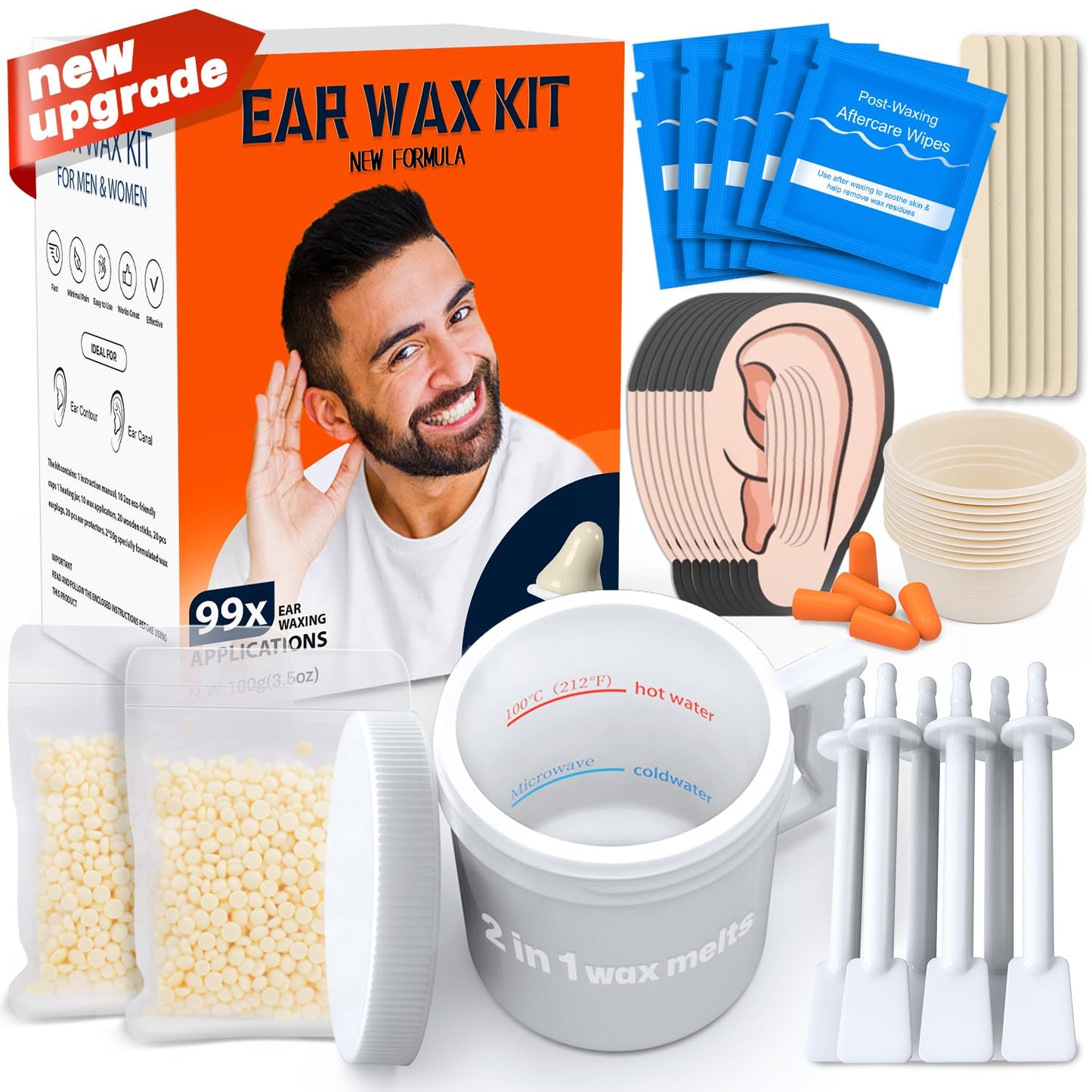 99 Pcs Ear Hair Removal For Men, Multifunction Nose Wax Kit & Ear Hair Waxing Kit, 100g Wax, 20 Wooden Sticks, 10 Applicators, 2 In 1 Wax Melts| New Super Face Ear Canals Hair Remover For Women