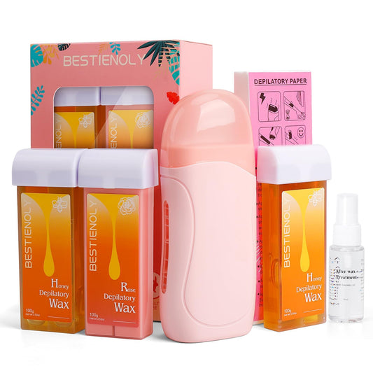 Roll On Wax kit, Waxing Kit for Women Men with 2 Honey & 1 Rose Roll on wax, 50 Non-Woven Wax Strips, Soft Wax Warmer for Hair Removal, At Home Waxing Roller Kit