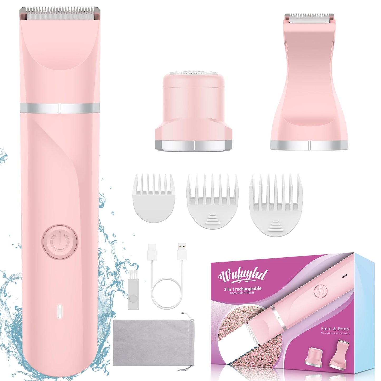 WUFAYHD Facial Hair Removal for Women, 3 in 1 Waterproof Bikini Trimmer/Shaver, Electric Razors for Women, Rechargeable Pubic Hair Timmer, Smooth Shaving for Ladies Face, Body, Legs, Private Areas