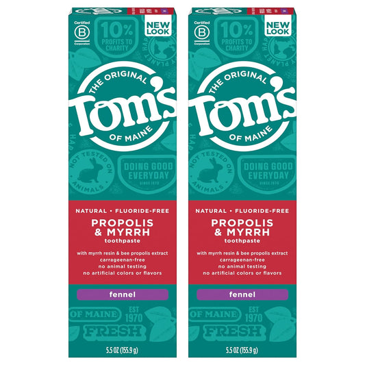 Tom's of Maine Fluoride-Free Propolis & Myrrh Natural Toothpaste, Fennel, 5.5 oz. 2-Pack (Packaging May Vary)