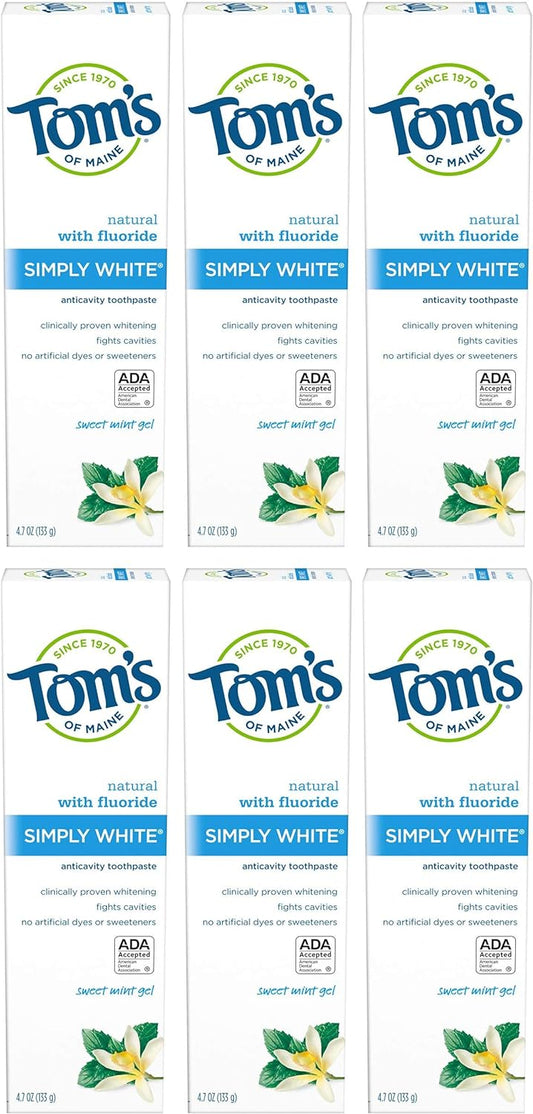 Tom's of Maine Simply White Toothpaste Gel, Whitening Toothpaste, Natural Toothpaste, Sweet Mint Gel, 4.7 Ounce, 6-Pack
