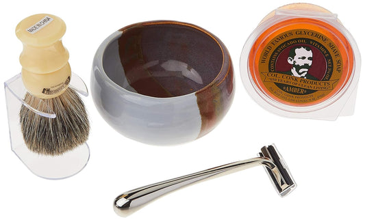 Colonel Conk Model 232 Santa Fe Shave Cup, Mixed Badger Brush, Chrome Razor and Soap