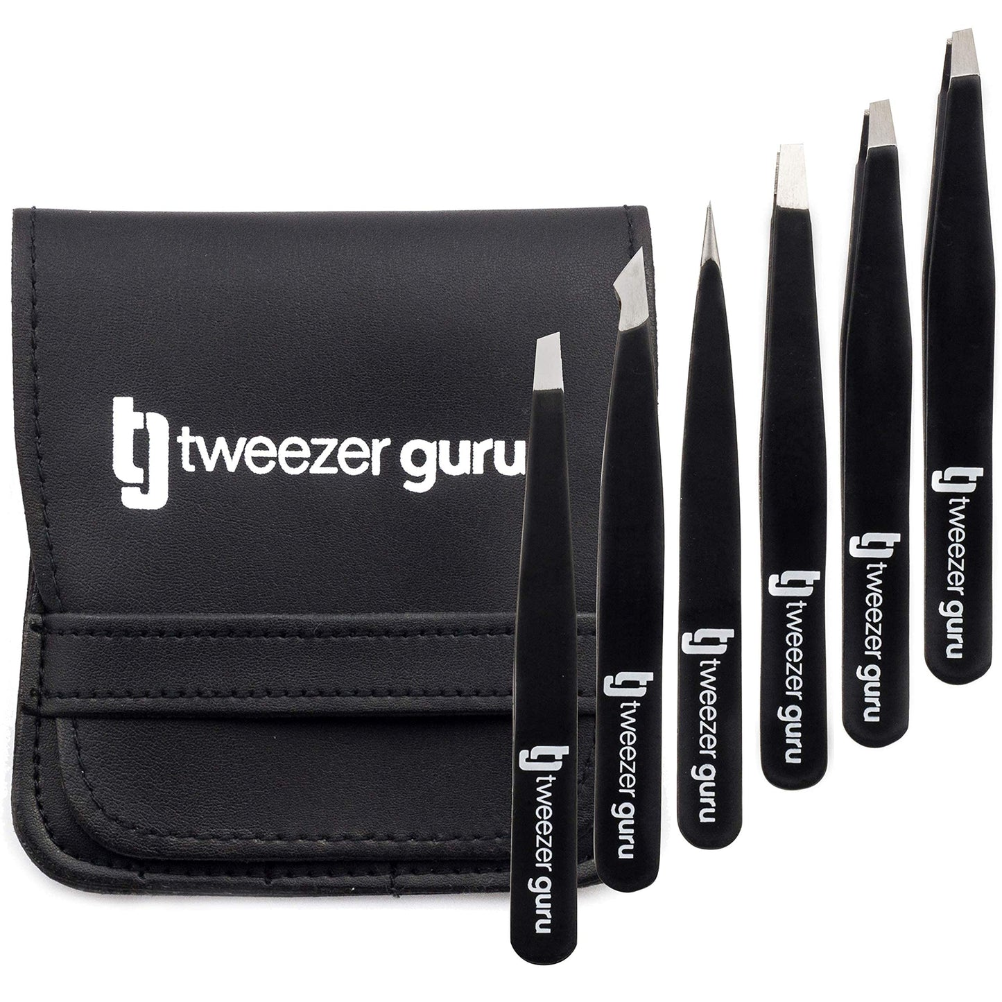 Tweezer Guru Eyebrow Tweezer Set for Women & Men - Professional Slant and Pointed Tweezers Set with Case - Precision Tweezers Kit for Facial Hair, Splinter and Ingrown Hair Removal (6 Pack)