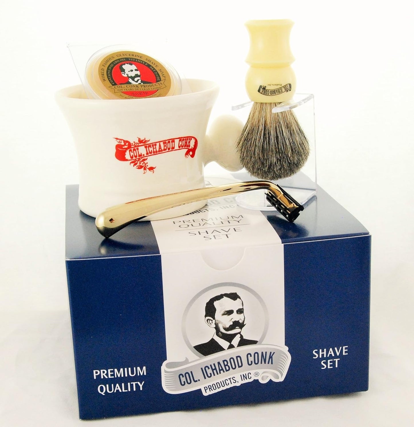 Colonel Conk Model 236 Apothecary Mug, Mixed Badger Brush, Gold Tone Razor and Soap