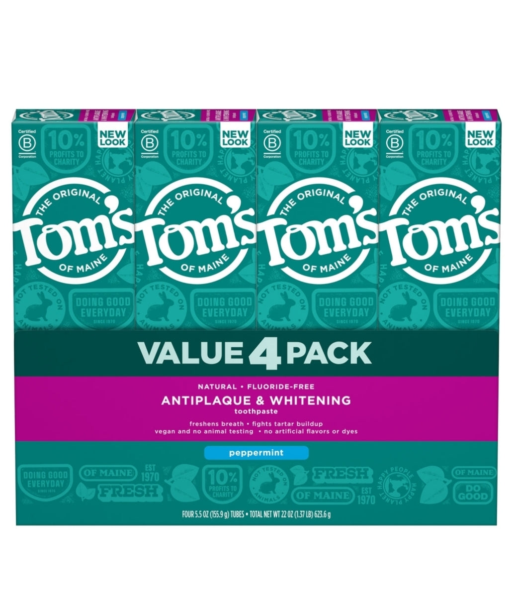 Tom's of Maine Fluoride-Free Antiplaque & Whitening Toothpaste, Peppermint (5.5 oz., 4 pk.)